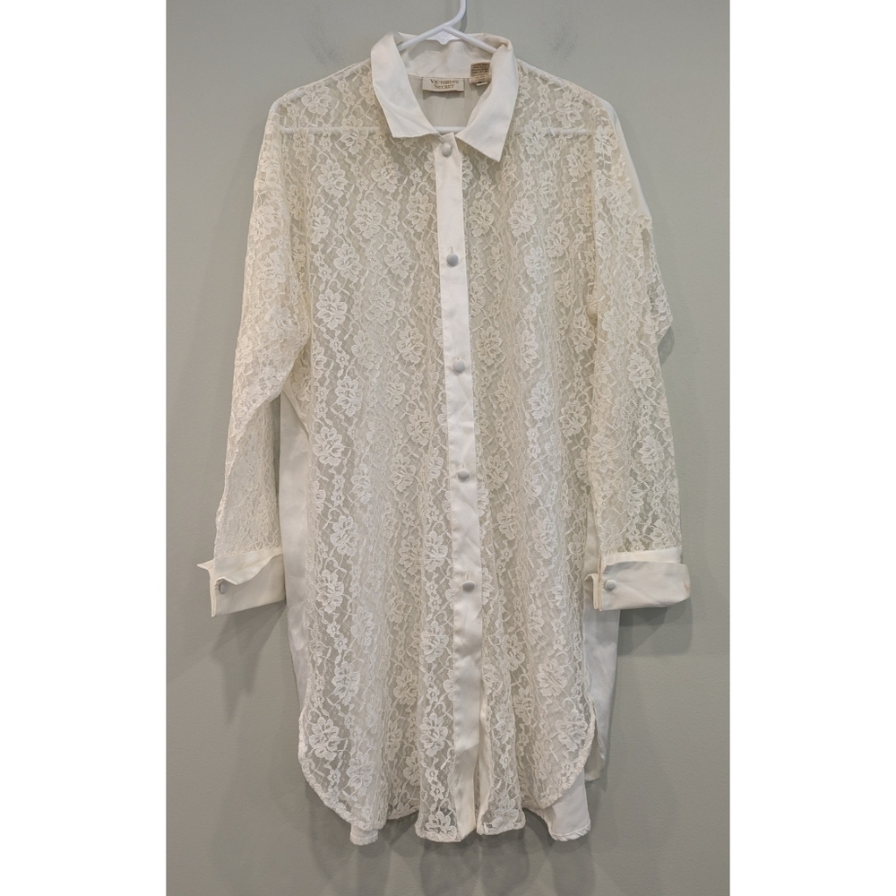 Victoria's Secret Vintage Gold Label Ivory Lace Button Down Sleep Shirt Size M/L